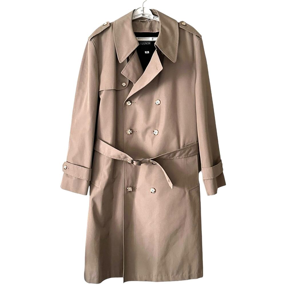 Vintage Austin Manor Trench Coat Men Tan Belt Lined Zip Out Liner Size 44 Long